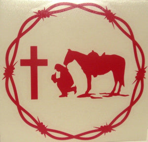 (CLD-PCGHPKDCL) "Praying Cowgirl Hot Pink" Western Decal with Barbwire Border