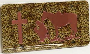 (CLD-PCGPL) "Praying Cowgirl" Pink & Leopard Mirrored License Plate