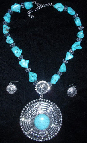 (CS-JS1500-YNE4584) Western Turquoise & Silver Necklace and Matching Earrings