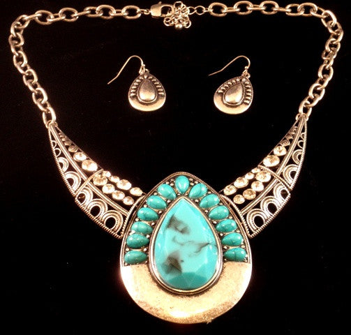 (CS1300-BN7179SBTQ) Western Turquoise Teardrop Shaped Necklace with Matching Earrings
