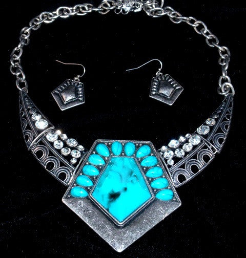 (CSN1300-BN7180SBTQ) Western Turquoise Diamond Shaped Necklace with Matching Earrings
