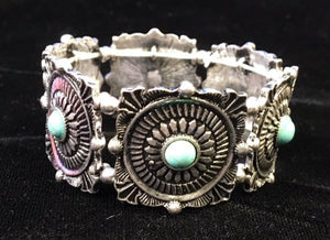 (CSBC750-SQSLVTQ) Western Silver & Turquoise Stretch Bracelet