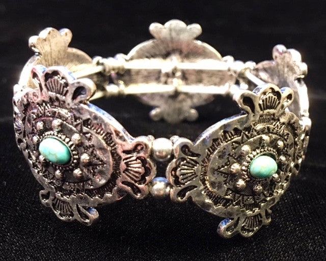 (CSBC750-TQSLVOV) Western Oval Antique Silver & Turquoise Bracelet