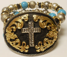 Load image into Gallery viewer, (CSBR1050-BGSCROSS) Western Silver Cross Stretch Bracelet with Turquoise Stones
