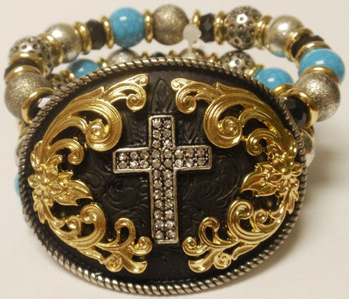 (CSBR1050-BGSCROSS) Western Silver Cross Stretch Bracelet with Turquoise Stones