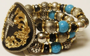 (CSBR1050-BGSCROSS) Western Silver Cross Stretch Bracelet with Turquoise Stones