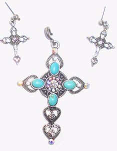 (CSC800-TQC) Western Turquoise Cross Pendant and Matching Earrings