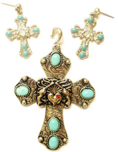 (CSC900-TQCR) Western Silver and Turquoise Cross Pendant with Matching Earrings