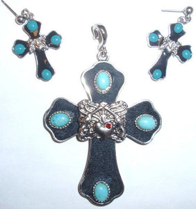 (CSC950-BKTQCR) Western Cross Pendant with Matching Earrings