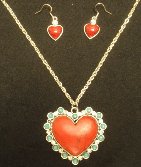 (CSJS800-HTTQCO) Western Turquoise & Cobalt Heart Necklace with Matching Earrings