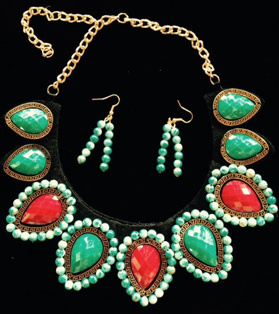 (CSN1100TQCB) Western Turquoise & Cobalt Teardrop Necklace with Matching Earrings