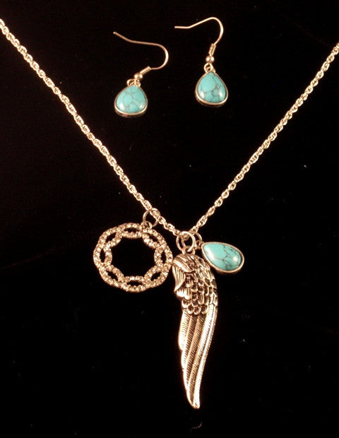 (CSN700-FSET1488) Western Anitque Silver Feather Necklace with Matching Turquoise Earrings