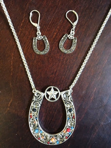 (CSN800-MCHSS) Western Multi-Colored Horseshoe/Star Necklace and Matching Earrings