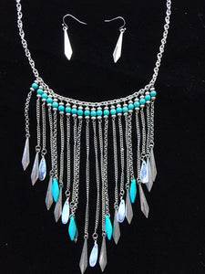 (CSN850-TQSLVRFTH) Western Turquoise & Silver Feathers Necklace & Earrings