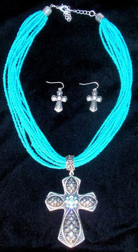 (CSN850TQCRS) Western Turquoise Cross Neckclace with Matching Cross Earrings
