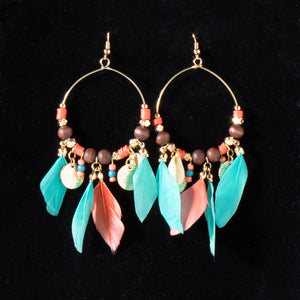 Western Beads & Feather Hoop Earrings Multi-Colored