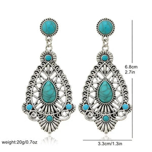 Bohemian Ethnic Antique Silver Alloy Water Drop Turquoise Earrings