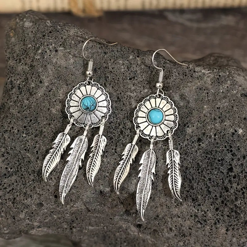 Silvery Feather Tassel Flower Pattern Turquoise Inlaid Dangle Earrings