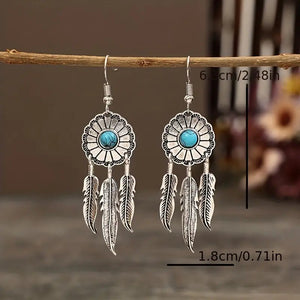 Silvery Feather Tassel Flower Pattern Turquoise Inlaid Dangle Earrings