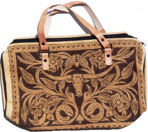 (EPHIP45L) "Leather Tooled Longhorn" Cotton Purse with Leather Straps