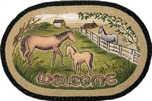 (ER89-1015) "Horse Welcome" Western Hand Printed Oval Jute Rug