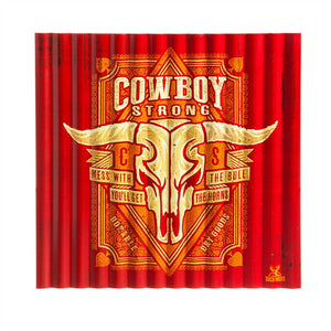 (EV6M5561C) "Cowboy Strong" Corrugated Metal Sign with Longhorn Skull