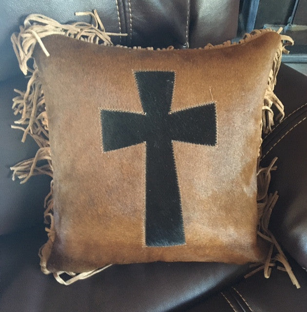 (GLP-CRSPLFR) Western Cowhide Accent Pillow with Cross & Fringe