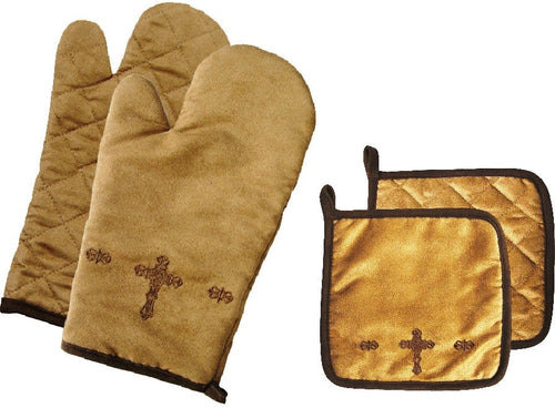(HX3182-OM-PH) Western Embroidered Cross Suede Oven Mitt and Pot Holder Set