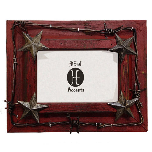 (HXWD1016-80RD) Western Red Photo Frame with Stars & Barbwire 8
