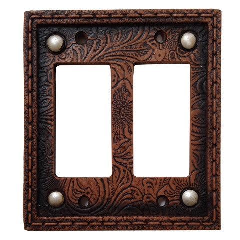 (HXWD8004-DR) Western Tooled  Resin Double Rocker Switch Plate with Studs