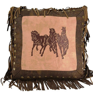 (HXWS3003P5) "Running Horses" Western Faux Suede Accent Pilllow 18" x 18"