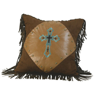 (HXWS4183P1) "Las Cruces" Western Turquoise Embroidered Cross Pillow