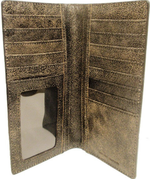 Western Crinkled Dark Black Leather Rodeo Wallet with Rawhide Cross In ...
