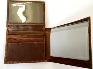 (3DB-W264) Western Distressed Brown Leather Bi-Fold Wallet with Fancy Stitch