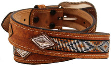 Load image into Gallery viewer, (MFWA1018248) Men&#39;s Western Natural Leather Belt with Ribbon Overlay and Diamond Conchos