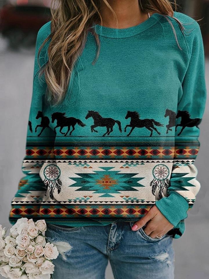 Aztec Horse Plaid Print Lightweight Sweatshirt Blue