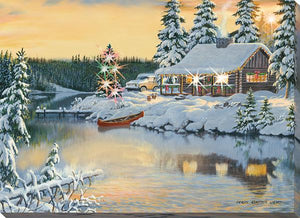 "Cabin on the River" (Christmas) Lighted Wrapped Canvas