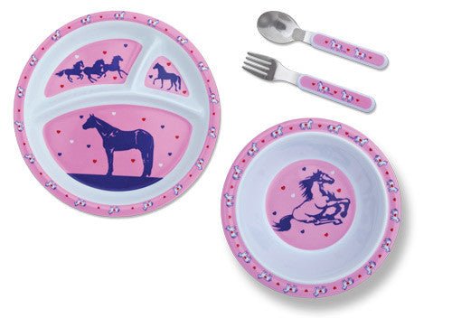(MBHW9722) Pink Cowgirls with Hearts & Horses Dinnerware Set for Kids