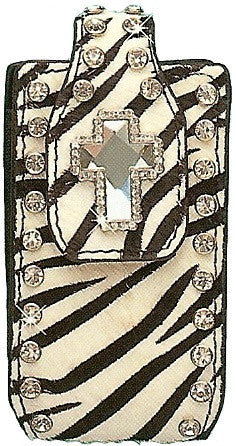 (MFW0687462) Western Exotic Zebra Hair-On Cell Phone Holder with Cross Concho