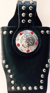 (MFW0689299-32) Western Black Cell Phone Holder with Round Silver Concho for Flip Phones