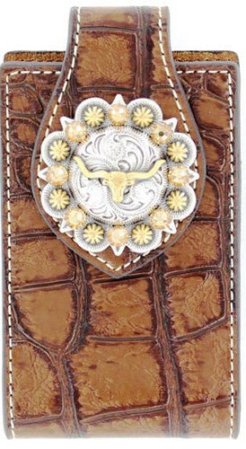 (MFW0689402) Western Brown Croc Cell Phone Holder with Longhorn Concho (for iPhone 5 & Blackberry)