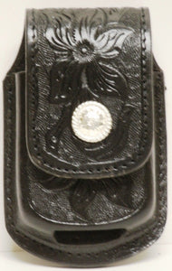 (MFW0689899BFTRC) Western Black Floral Tooled Cell Phone Holder for Razor with Round Silver Concho
