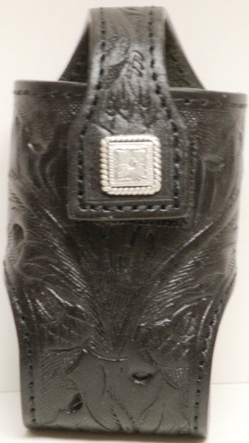 (MFW0689899BFTSCFP) Western Black Floral Tooled Cell Phone Holder with Square Silver Concho for Flip-Phones