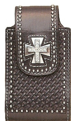 (MFW0694401) Western Black Leather Basketweave Cell Phone Holder with Silver Maltese Cross Concho (Fits iPhone4)