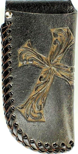 (MFW1802101) Western Leather Knife Sheath Large with Diagonal Cross Black