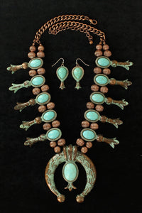 (MFW29041) Western Turquoise & Copper Squash Blossom Necklace & Earrings