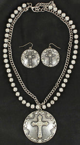 (MFW29739) Western Antique Silver Round Cross Necklace with Matching Earrings