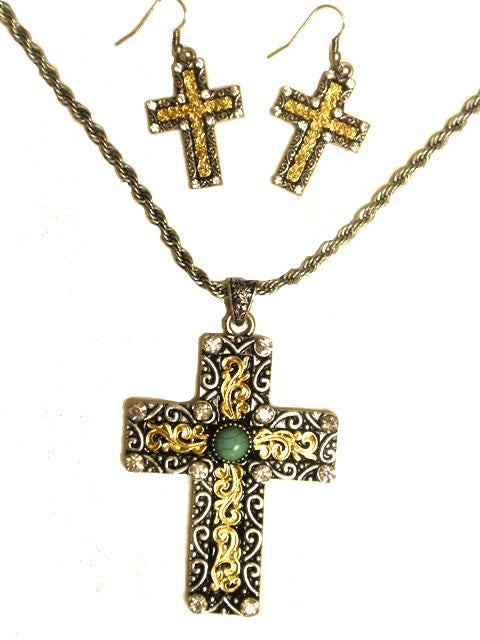 (MFW30302) Western Cross Necklace with Turquoise Stone and Matching Earrings