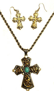 (MFW30304) Western Cross Necklace with Turquoise Stone and Matching Earrings