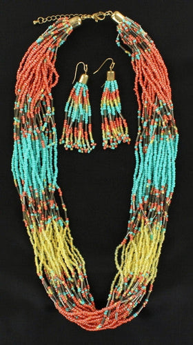 (MFW3052297) Western Multi-Strand Beaded Necklace & Earrings